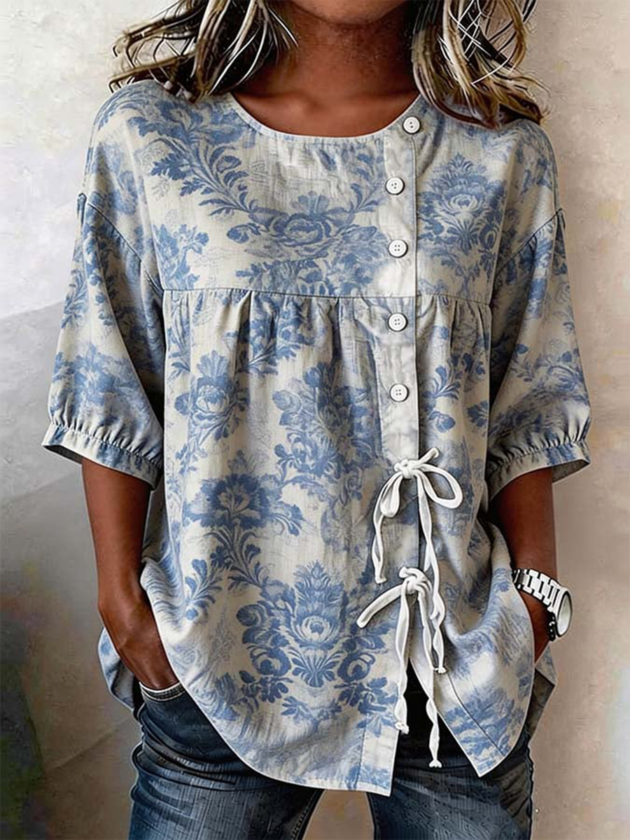 Women's Floral Buttoned and Pointed Linen Blend Shirt