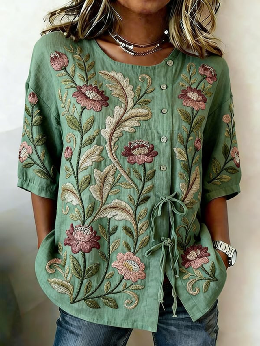 Women's Plants and Flowers Buttoned and Lace Linen Blend Shirt