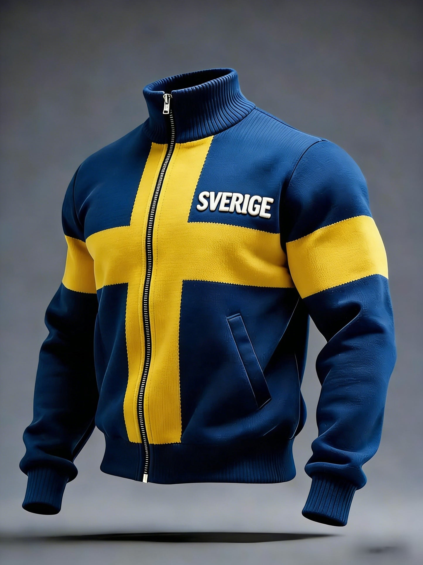 Retro Viking Swedish flag badge casual sporty stand-up collar jacket