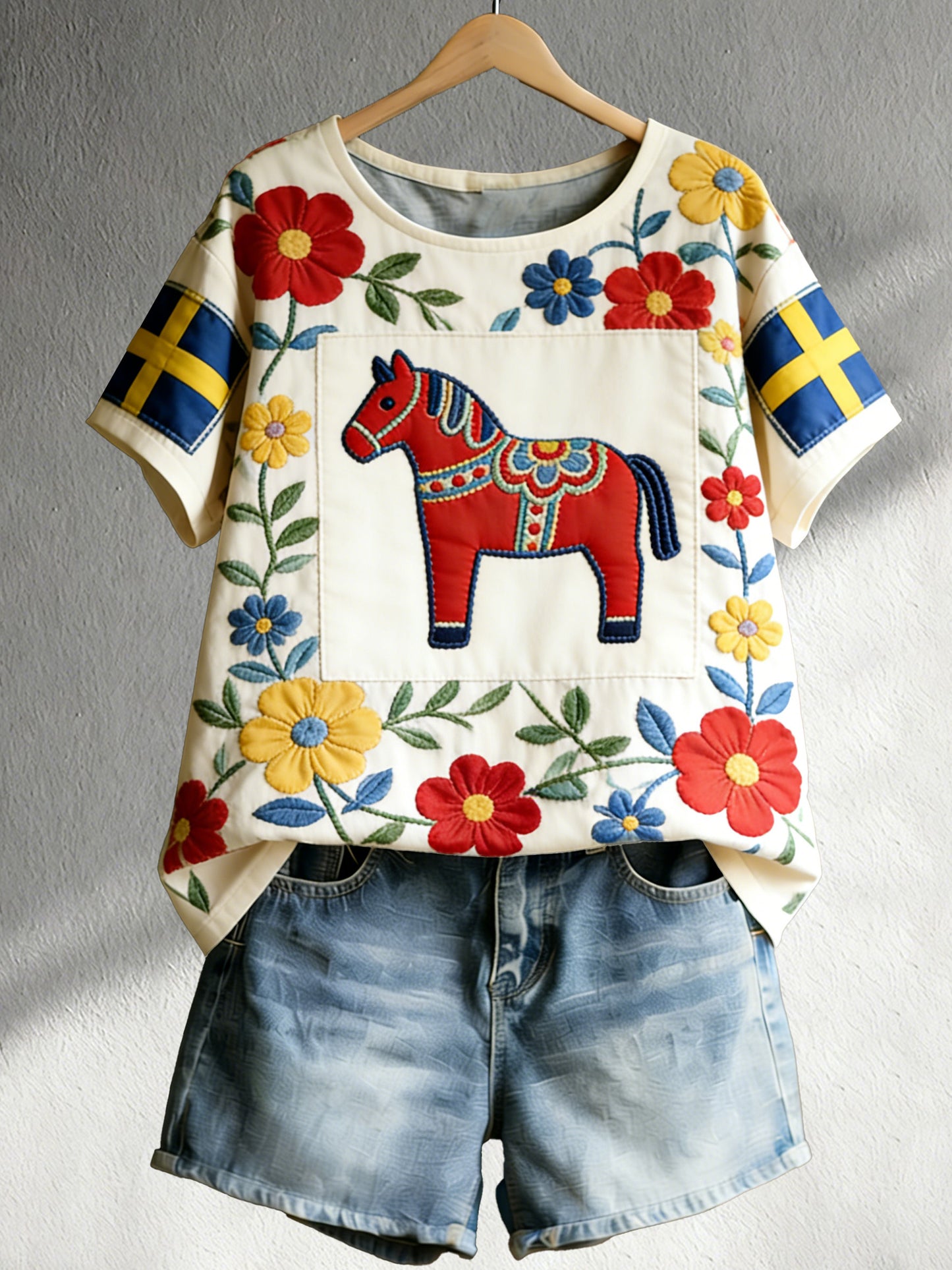 Kvinnors svensk-stil Dala Häst Tryck T-shirt