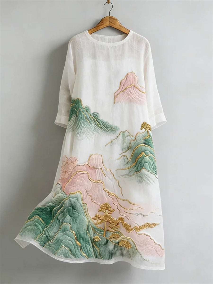 Women's Elegant Japanese Landscape Art Linen Dress
