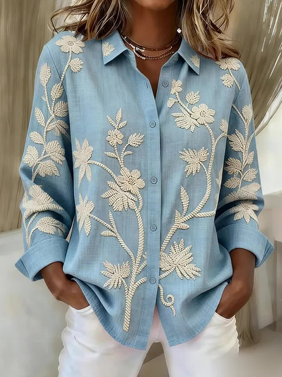 Women's linen blend shirt with buttons and lace, adorned with plants and flowers