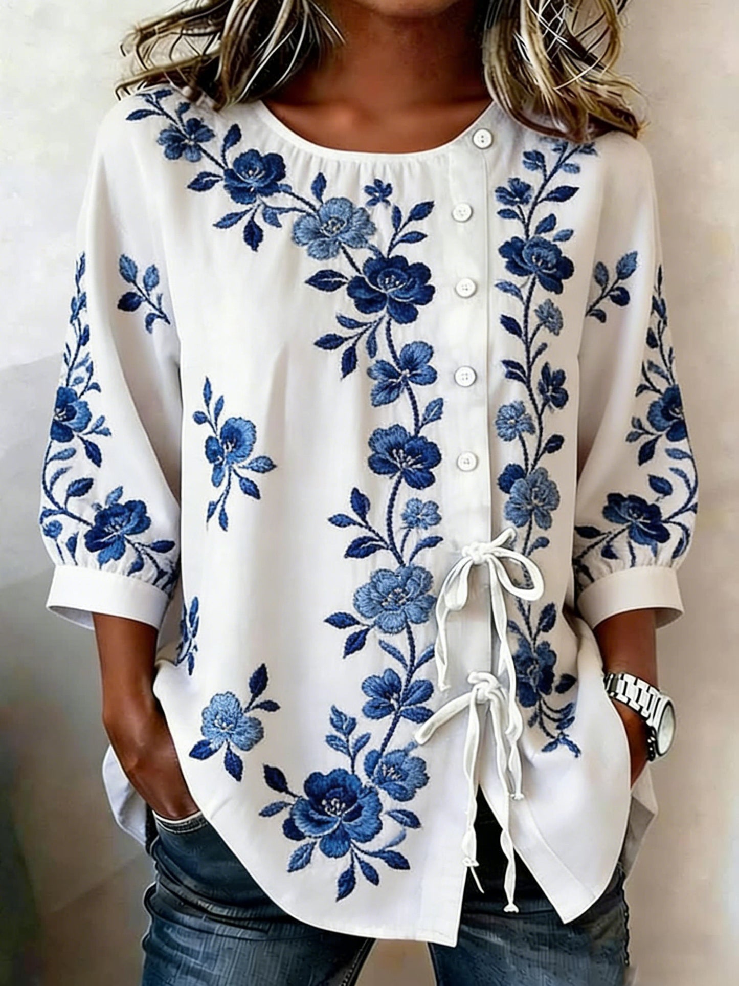 Women's floral linen blend button-down shirt