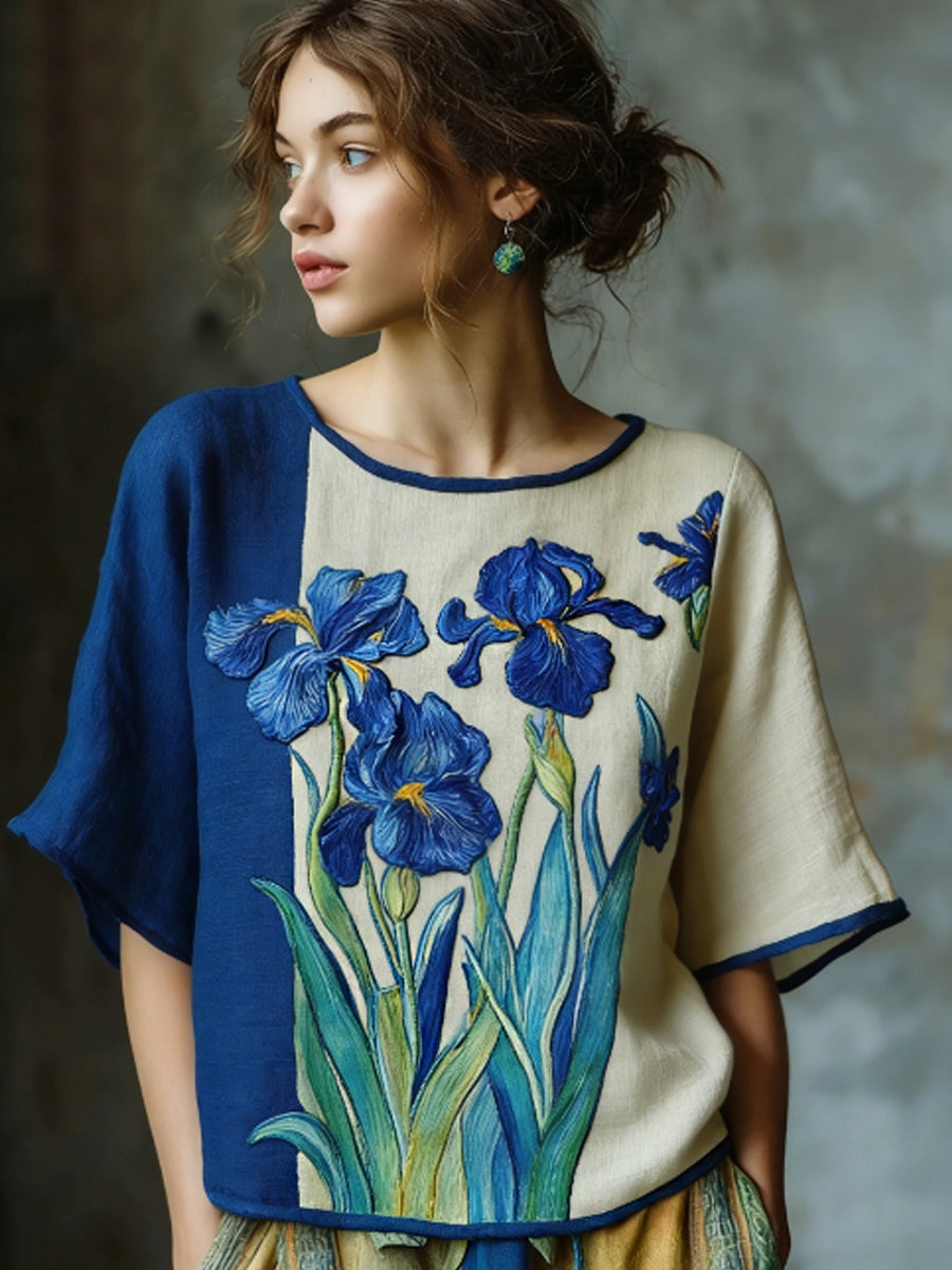 Kvinnors oljemålning Inspirerad Irises Broderad Flowy linne Casual skjorta