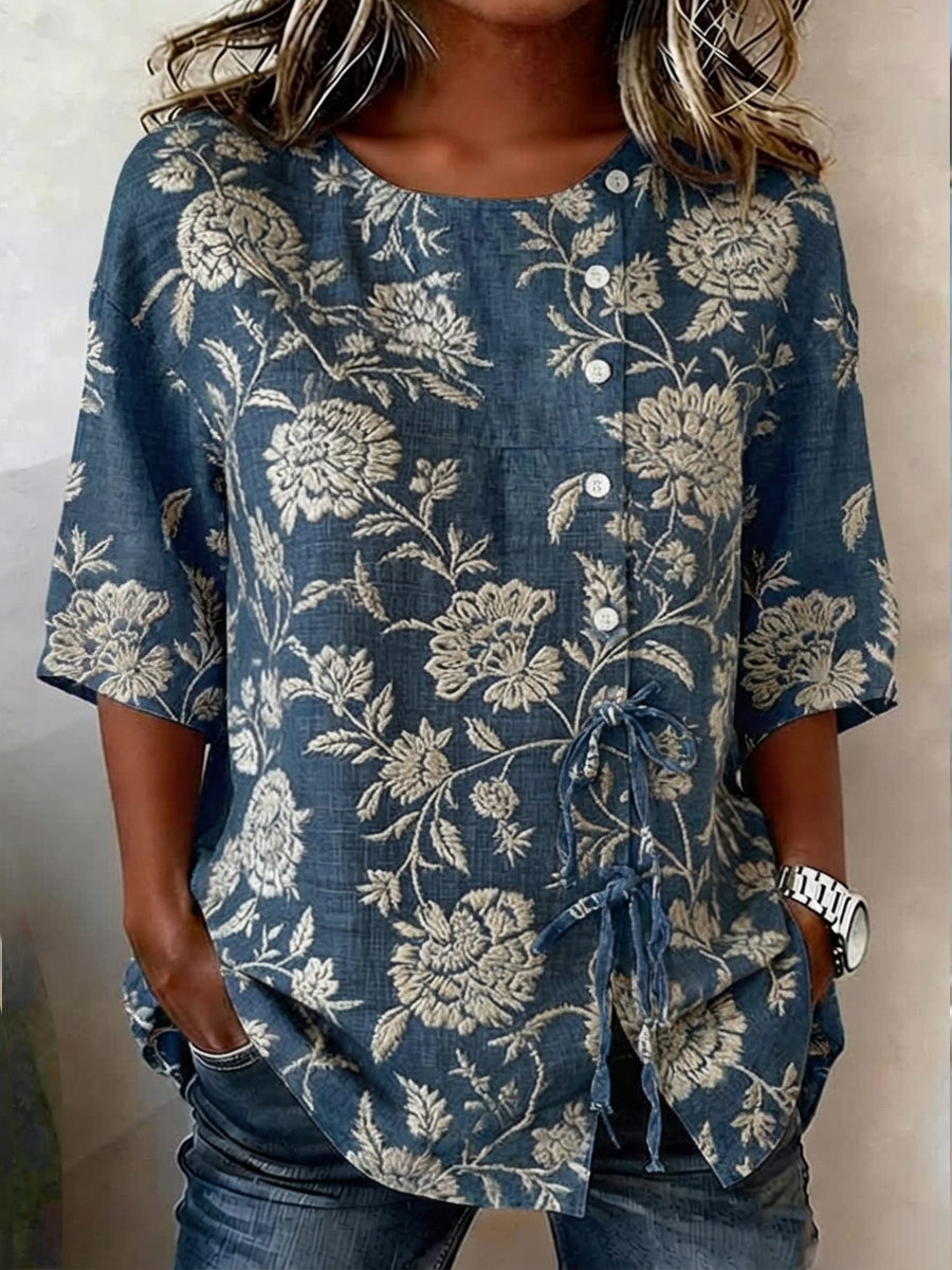 Women's linen blend shirt with buttons and lace, adorned with plants and flowers