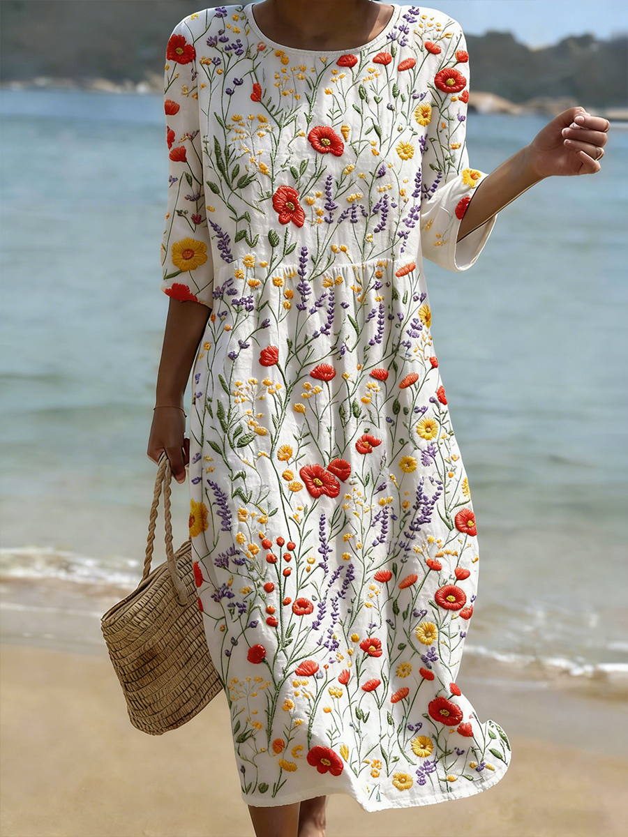 Women's linen blend shirt with round neck and plant and flower print, mid-length