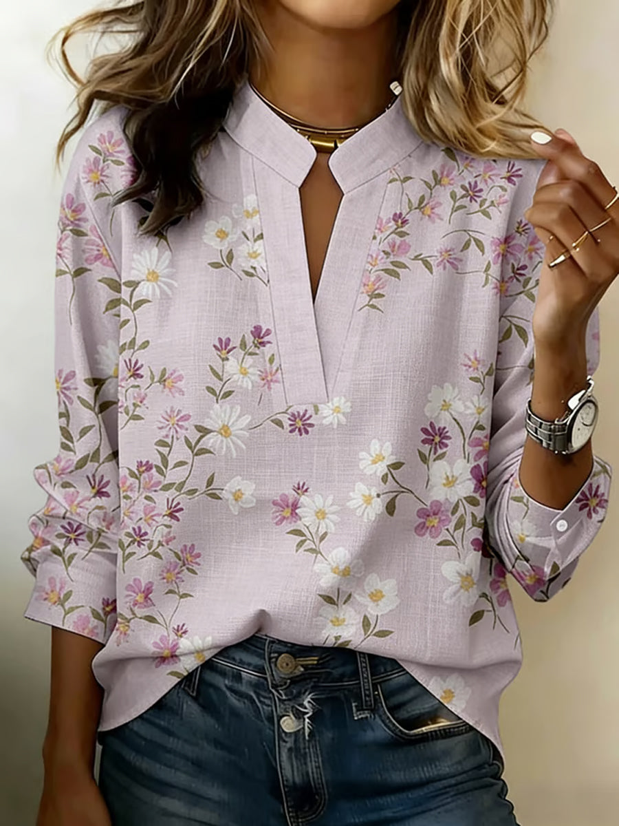 Women's floral linen blend v-neck shirt