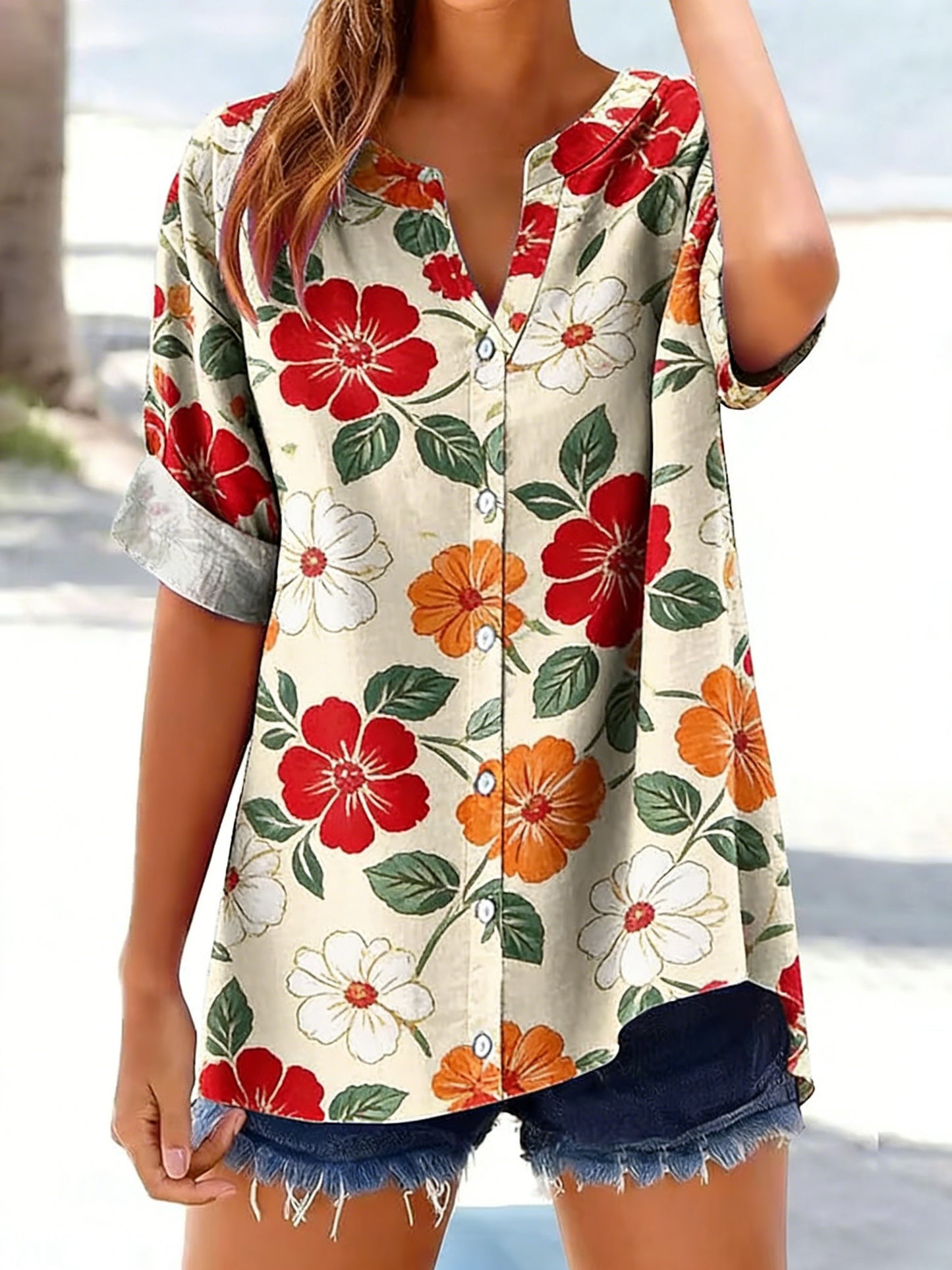 Kvinnors Retro Floral Print Knapp ner