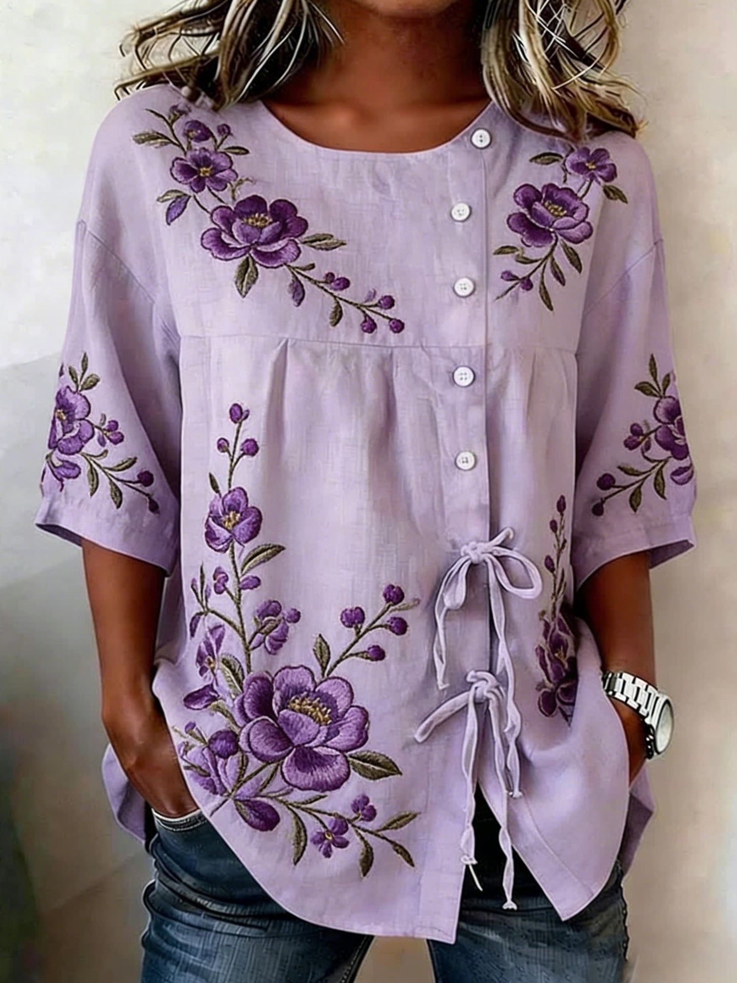 Women's floral linen blend button-down shirt