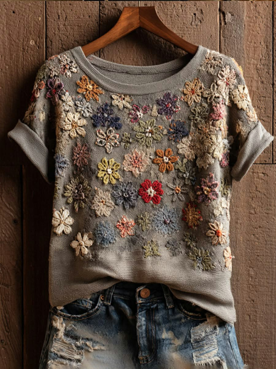 Women's vintage floral art print short sleeve casual t-shirt