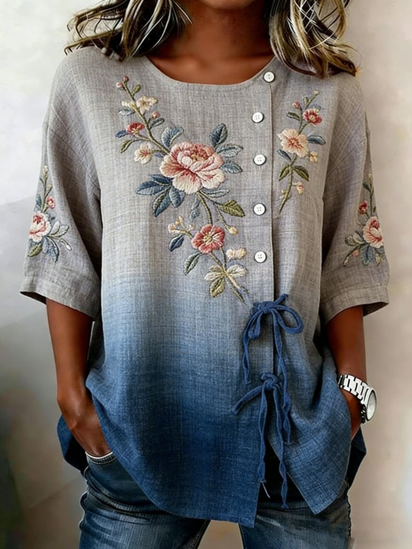 Women's floral linen blend shirt with buttons