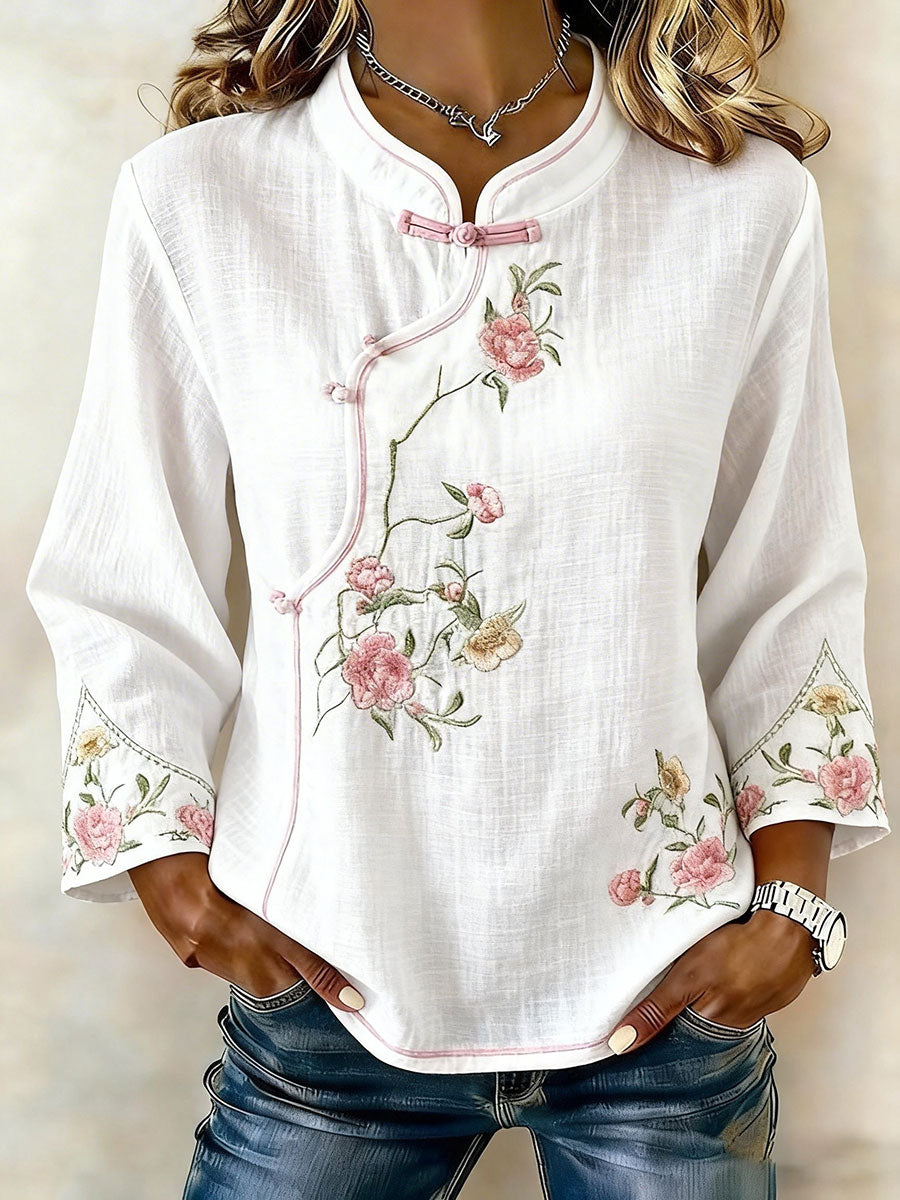 Women's Floral Cotton and Linen T-shirt
