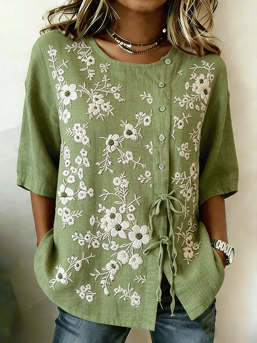 Women's floral embroidered and lace-trimmed cotton and linen shirt