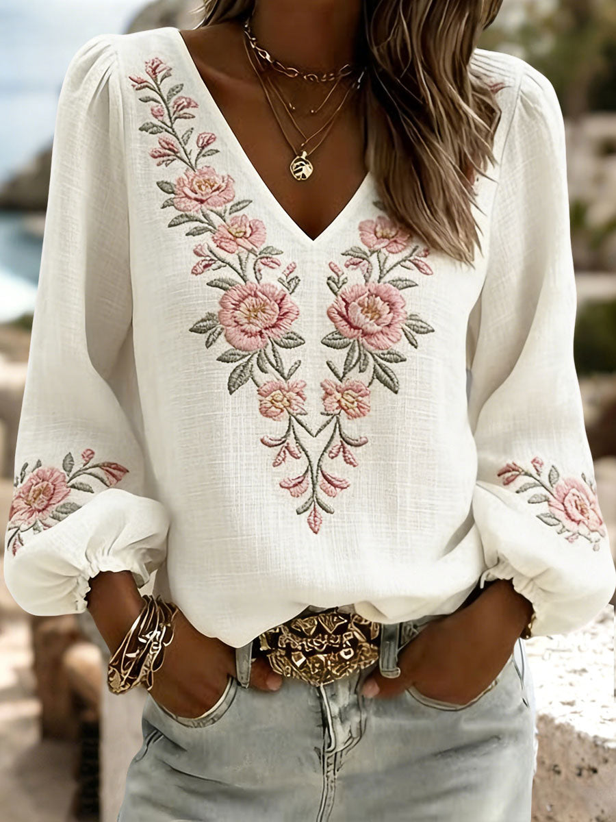 Women's Floral Print Cotton and Linen V-Neck Top