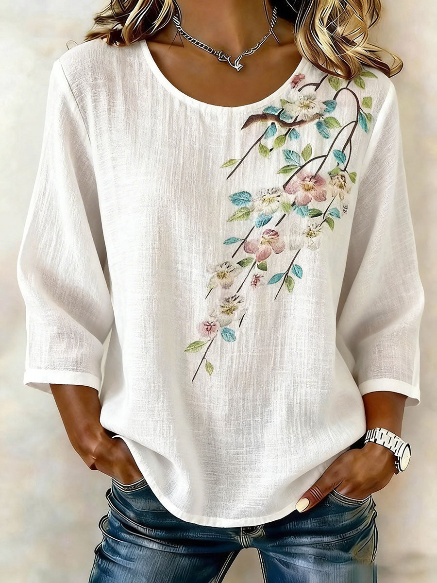 Women's cotton-linen floral casual t-shirt