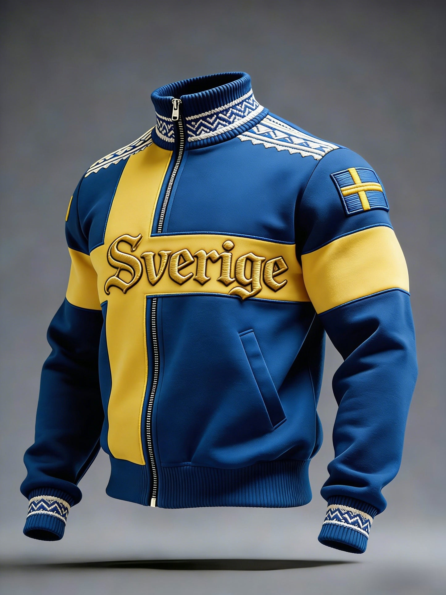 Retro Viking Swedish flag badge casual sporty stand-up collar jacket
