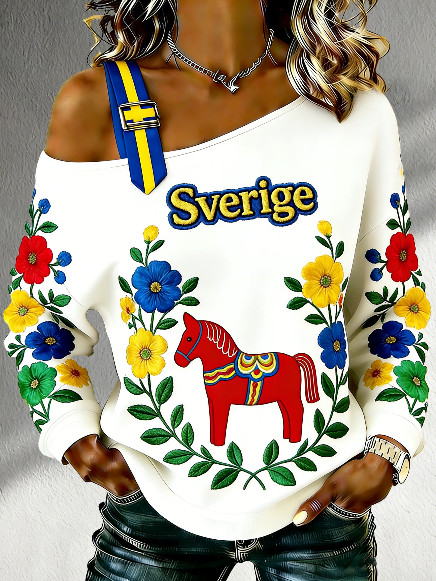 Ladies' Swedish Dala Horse Patterned Art Print Strapless Long Sleeve