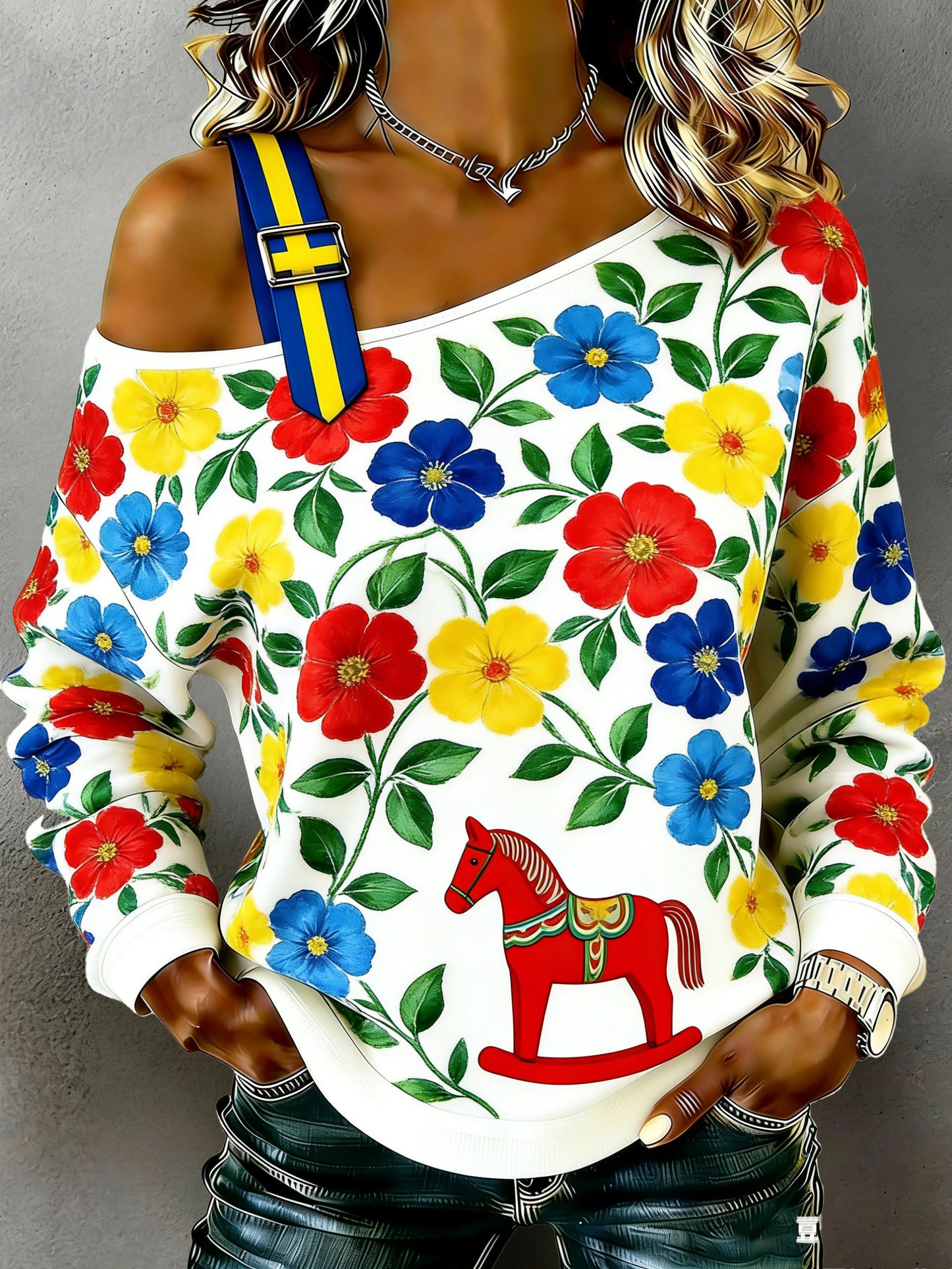 Women's Swedish Dala Horse Patterned Art Print Strapless Long Sleeve