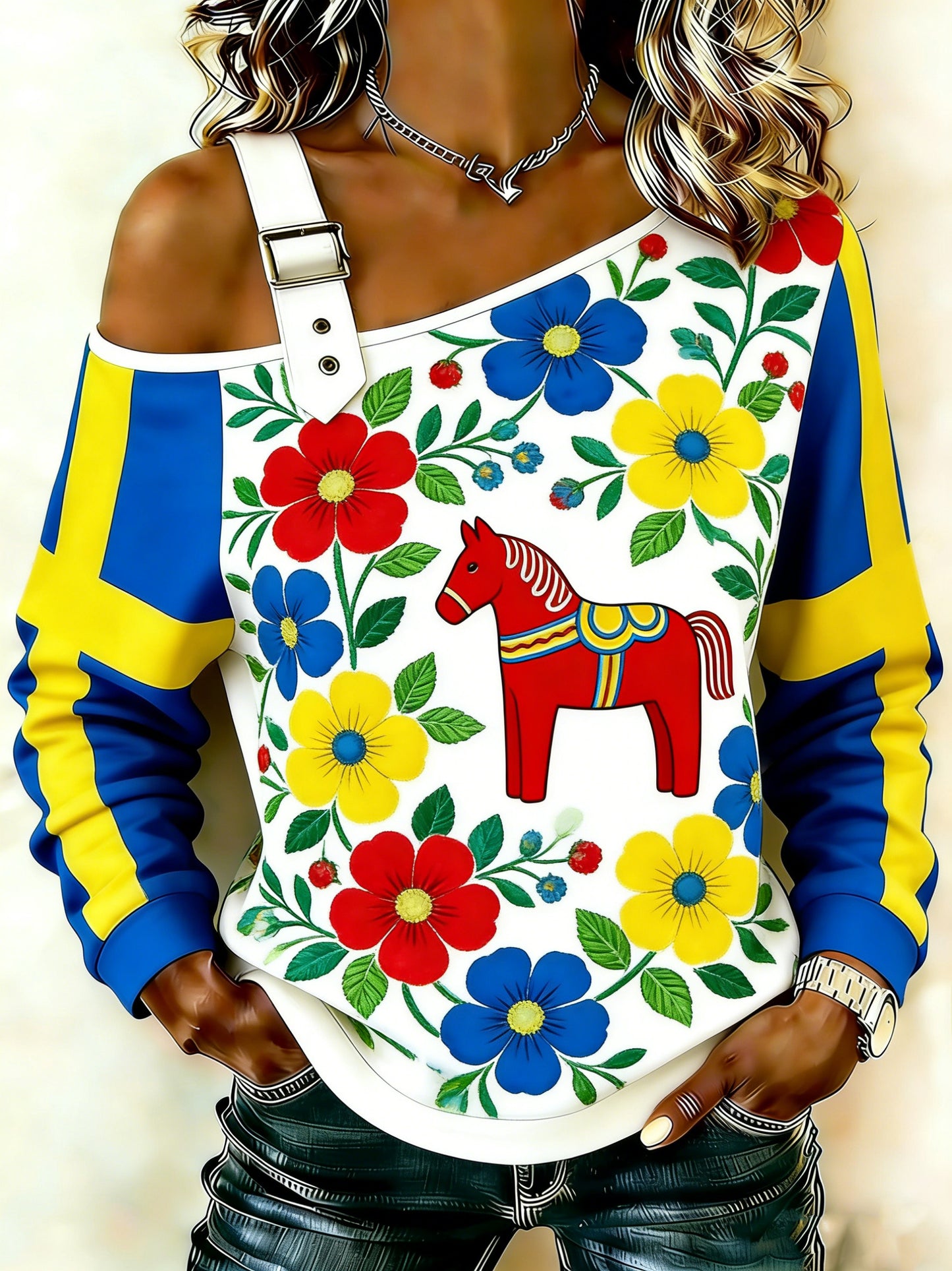 Women's Swedish Dala Horse Pattern Art Print Off-Shoulder Long Sleeve