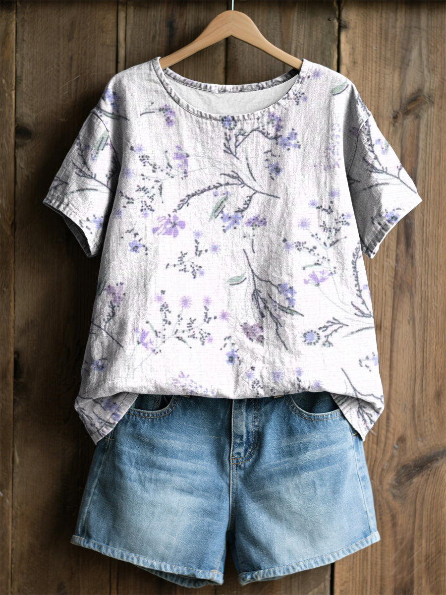 Women's shirt with printed plant and flower pattern, casual style