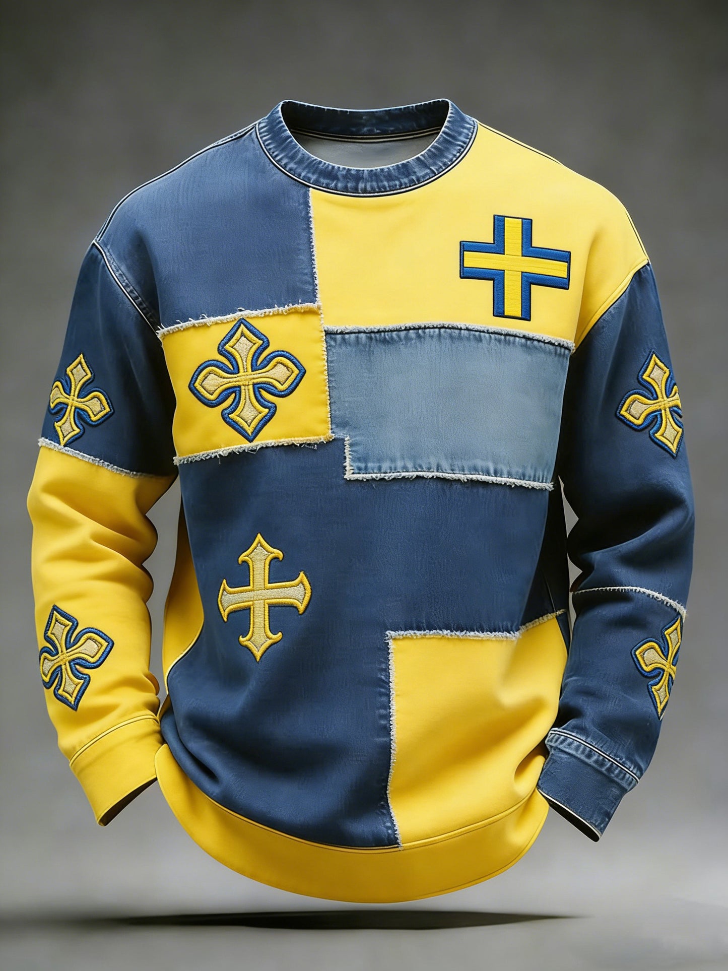Men's retro Viking sweatshirt with Swedish flag and badge, long-sleeved, casual style