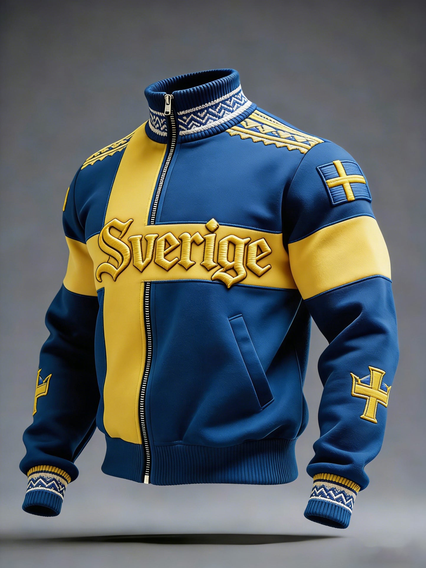 Retro vikingasvensk flaggmärke avslappnad sportig jacka med ståkrage