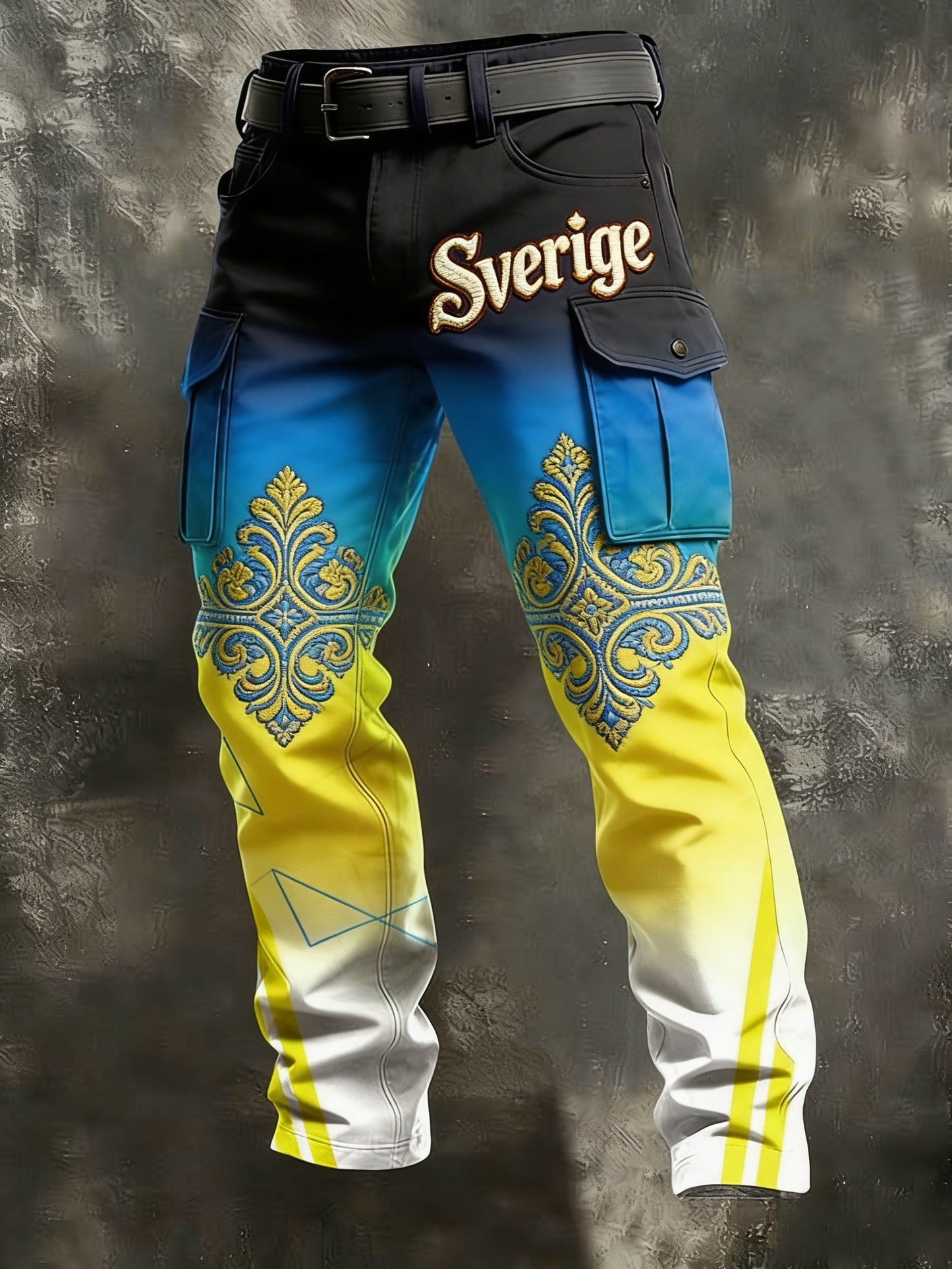 Men's Retro Viking Swedish Flag Patch Business Style Casual Work Trousers