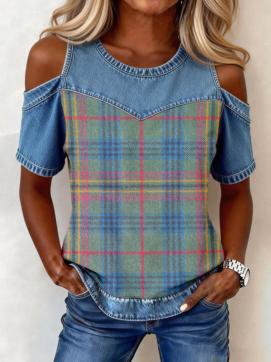 Kvinnors Vintage Plaid mönster Denim Patchwork Topp