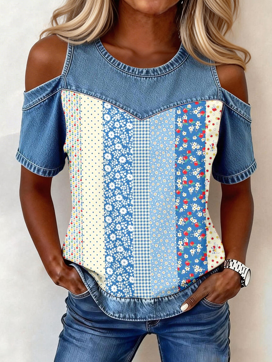 Women's Elegant Floral Print Denim Fabric Top