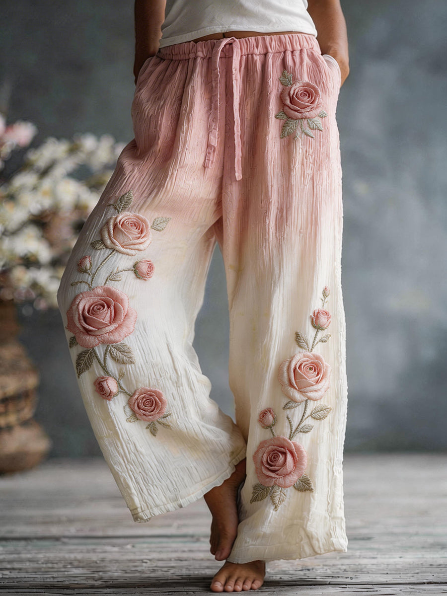Women's Pink Floral Print Linen Blend Trousers
