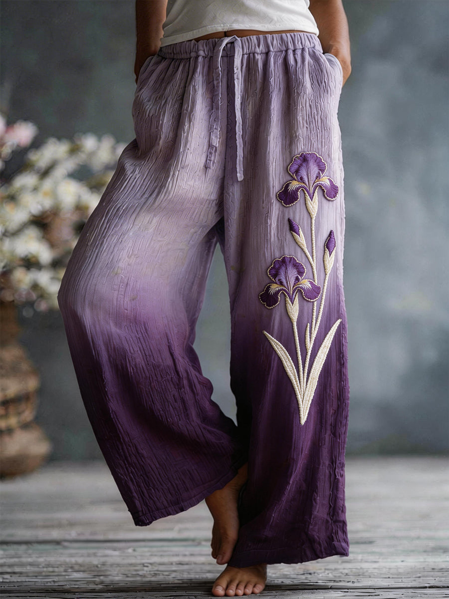 Women's Purple Iris Pattern Linen Blend Trousers
