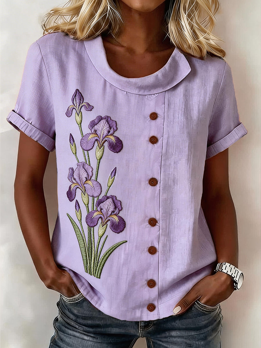 Women's Purple Iris Pattern Linen Blend Shirt