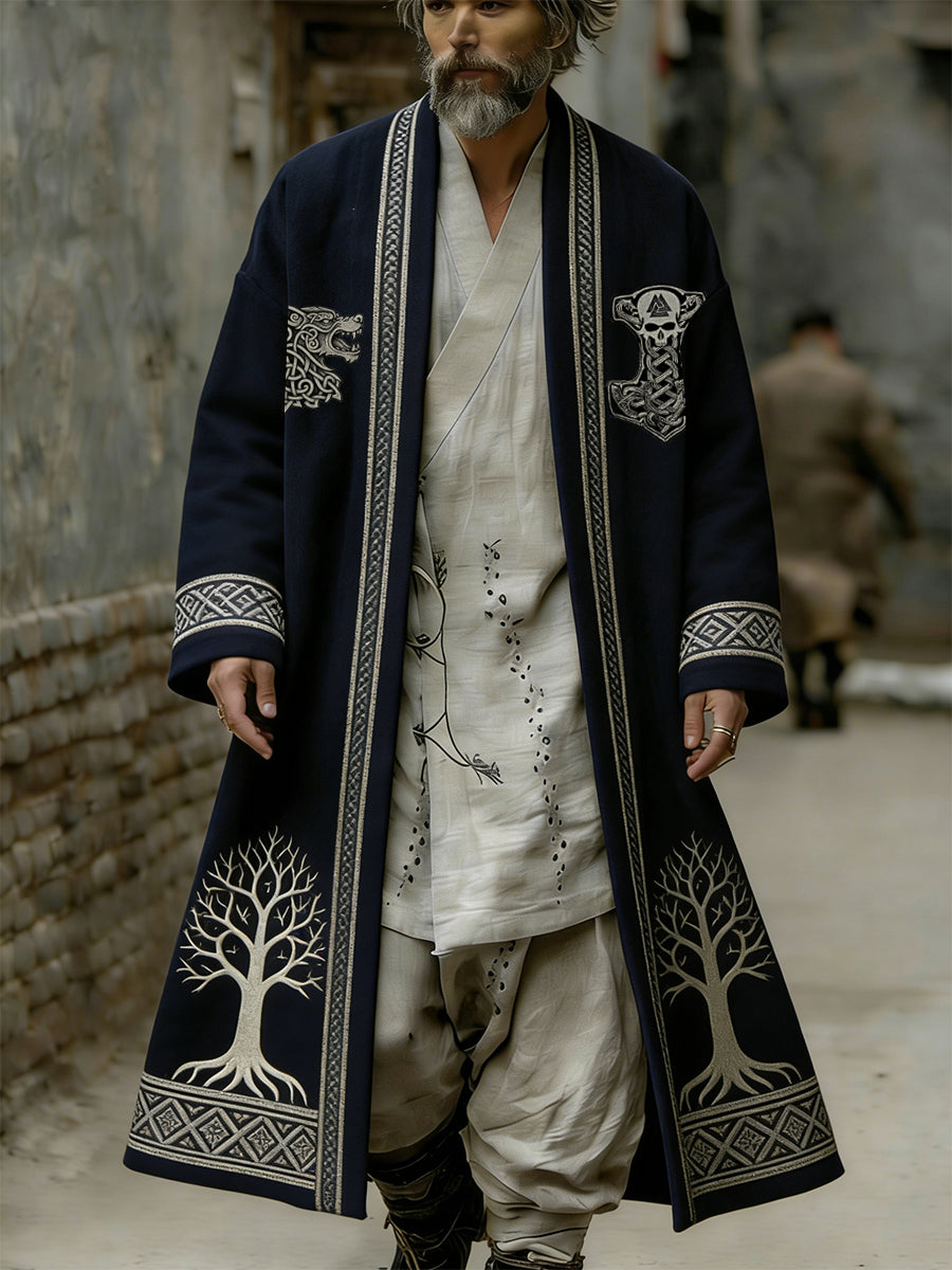 Men's Extended Trench Coat with Viking-themed print