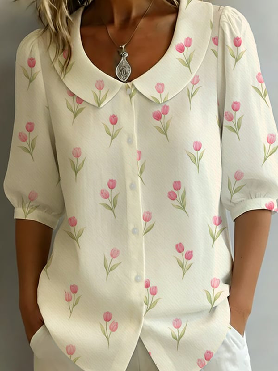 Women's Floral Sleeve Doll Collar Cotton Linen Shirt