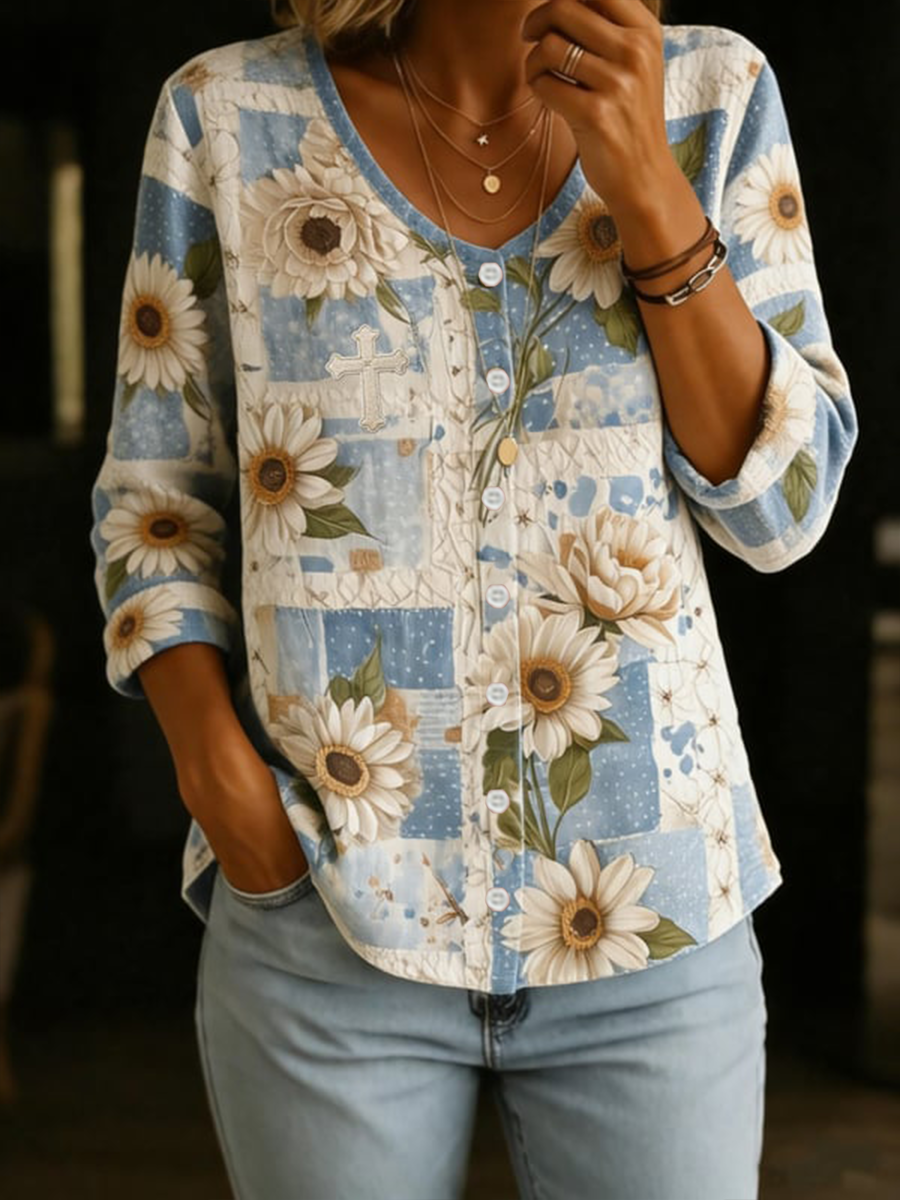 Kvinnors kors blomster bomull-linen V-hals knapp-upp-skjort