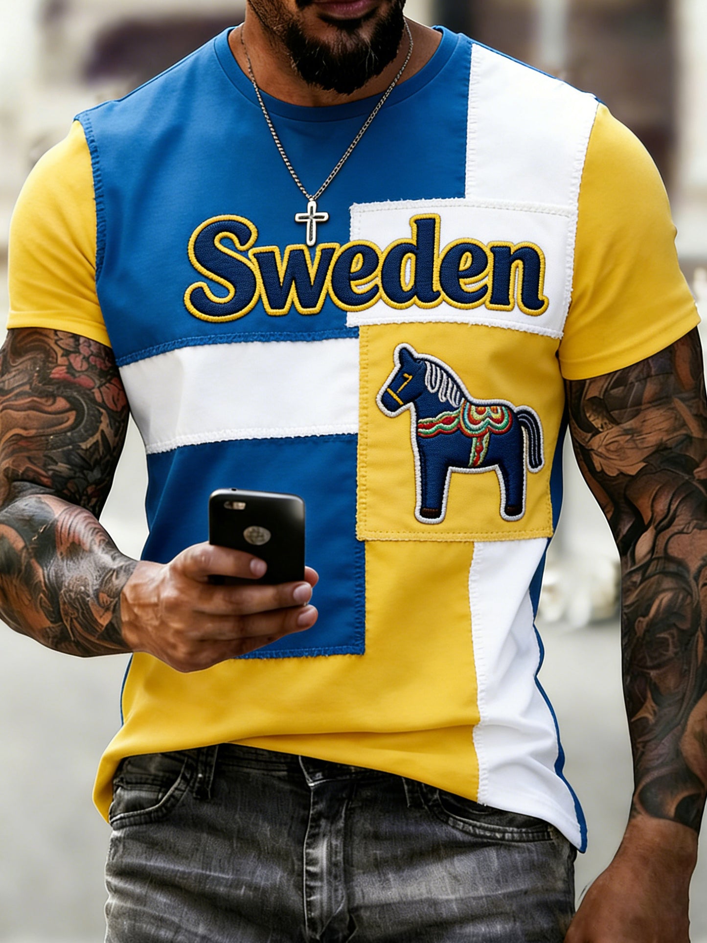 Men's sweatshirt with art print featuring a Swedish Dala horse theme