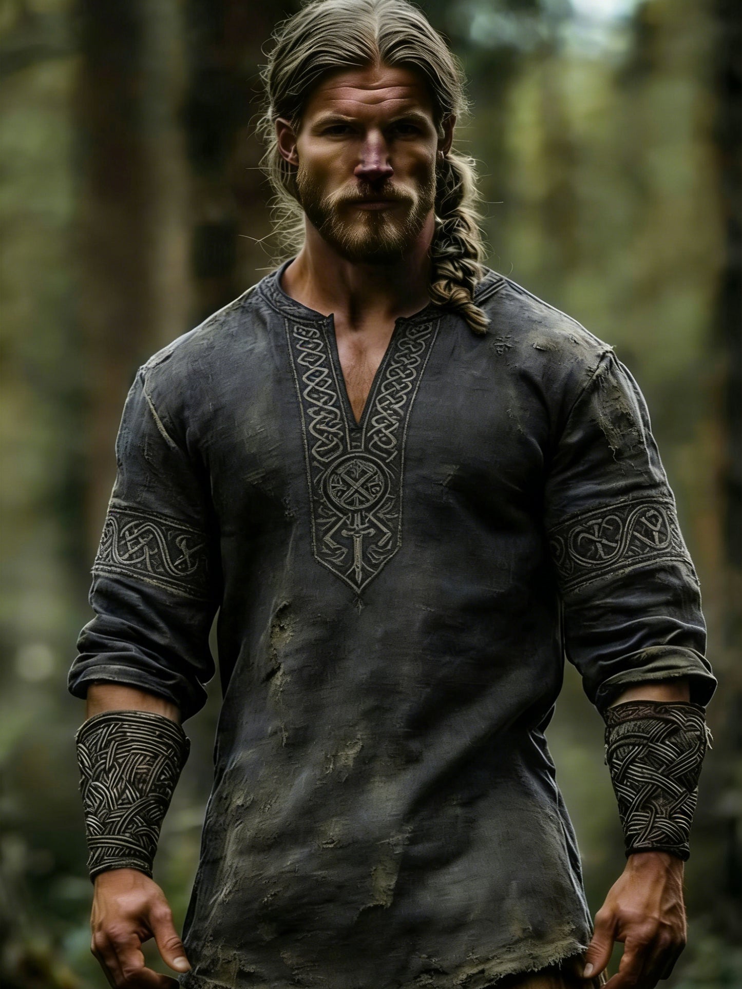 Men's Viking-themed T-shirt, printed design, long sleeves, and V-neck