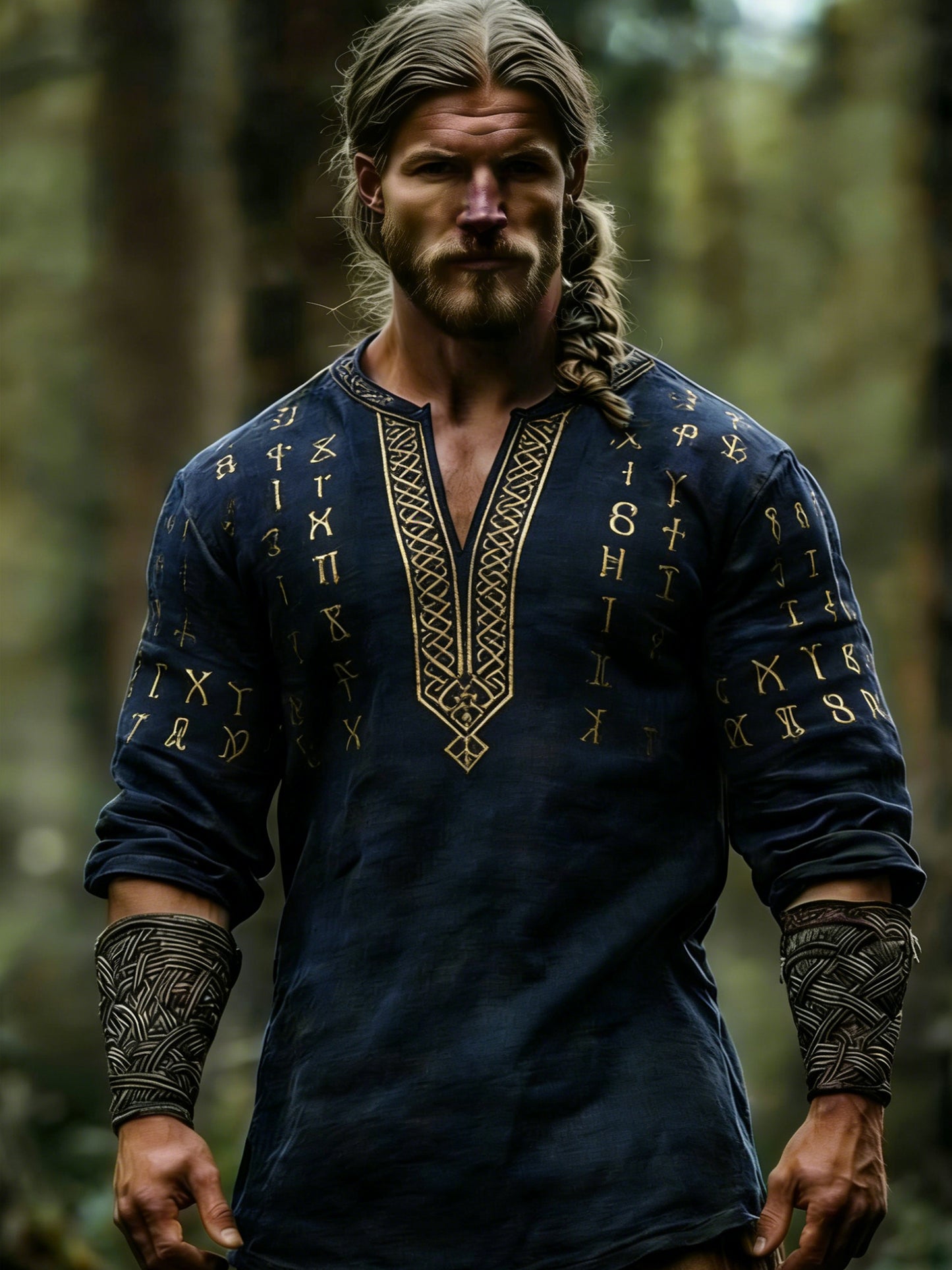 Herrtröja med vikingatema, tryckt motiv, lång ärm och V-ringning