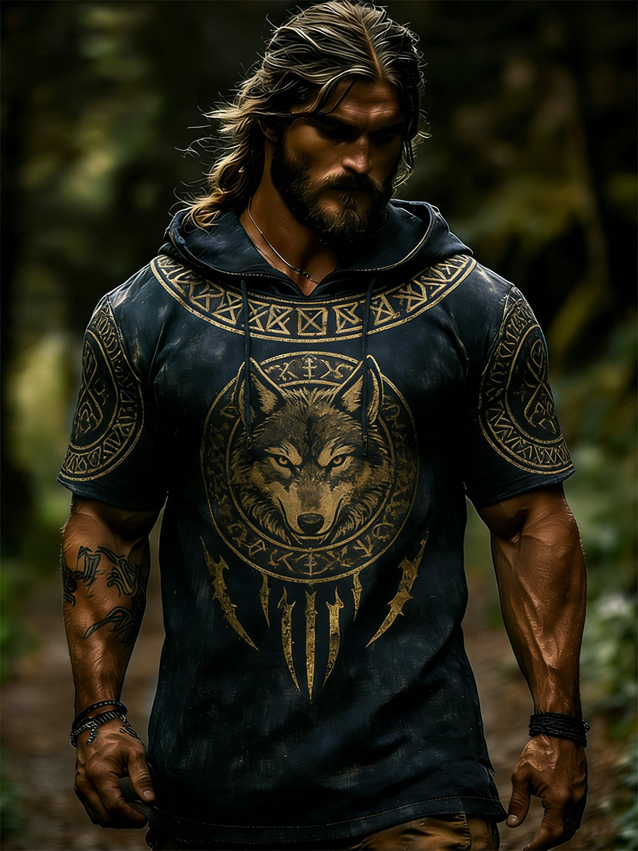 Men's short-sleeved hoodie with Viking theme