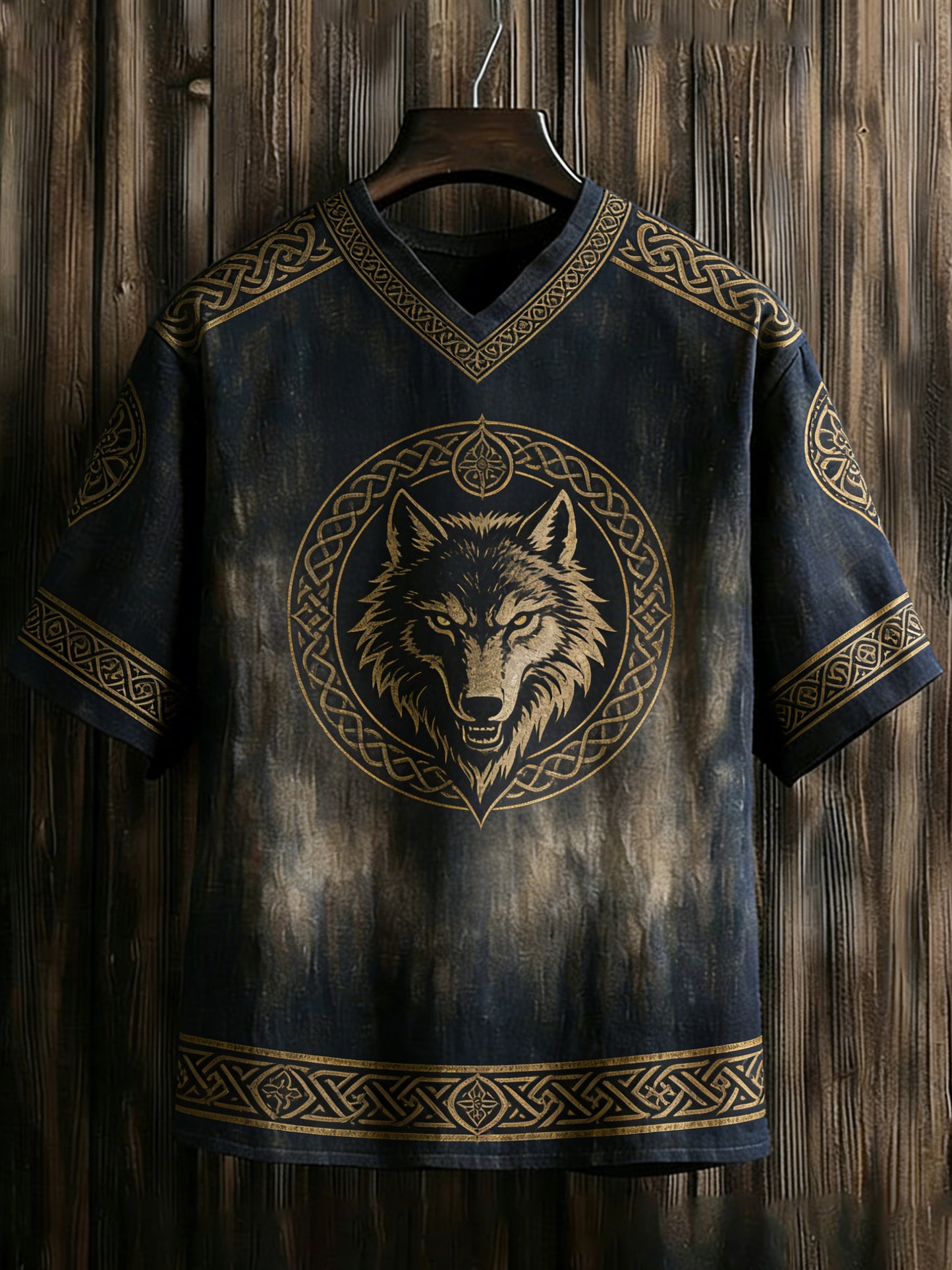 Dusty-pink V-neck sweater with a Viking-inspired print