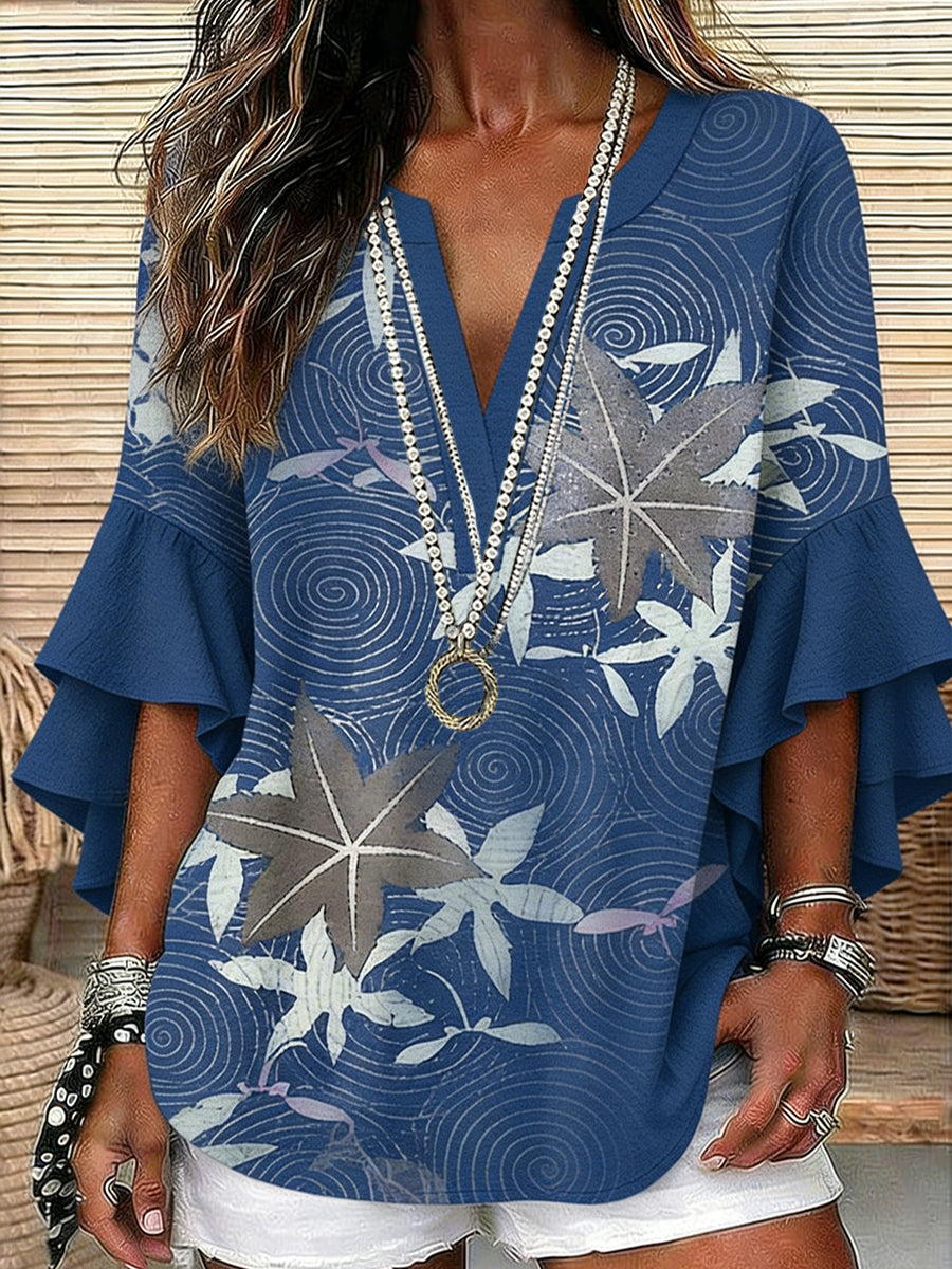 Women's Vintage Art Print Linen V-Neck Casual Blazer