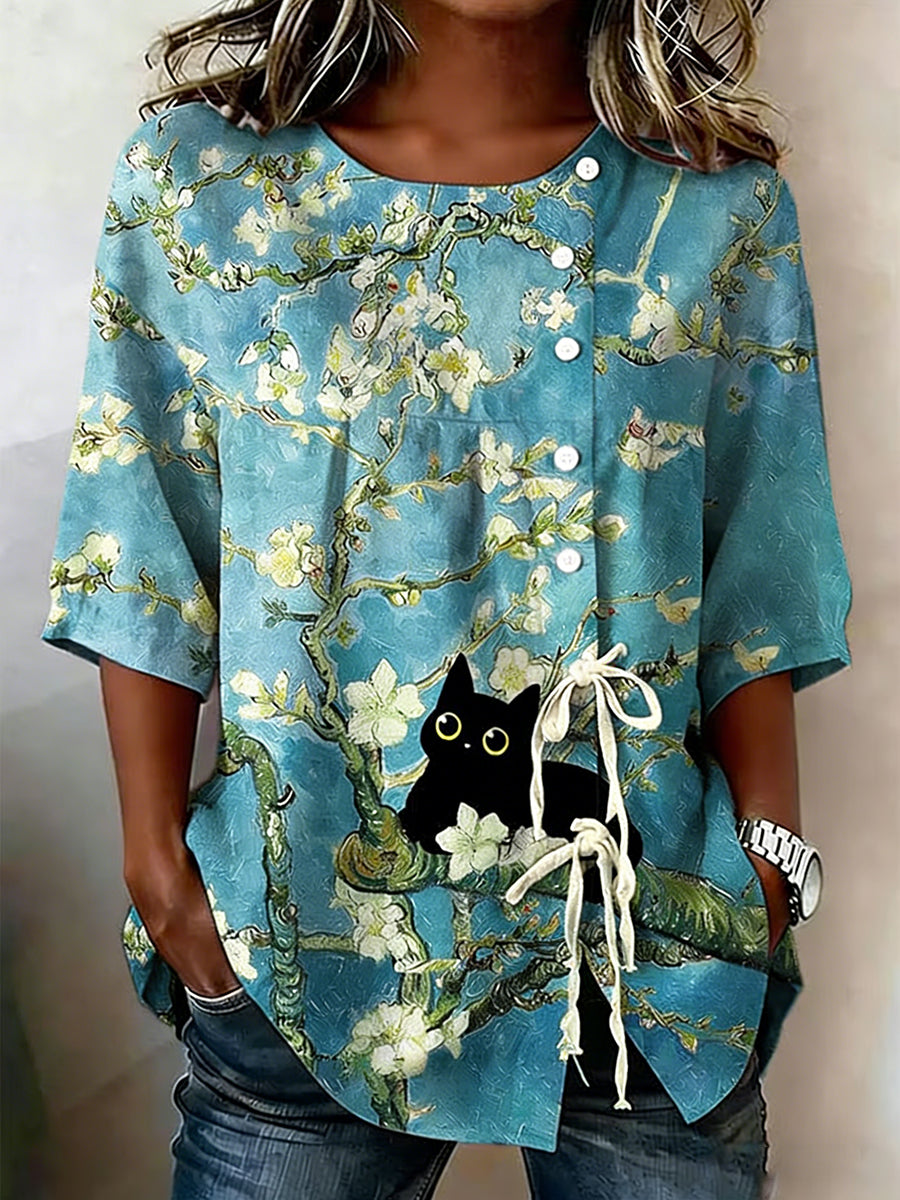 Women's Cat & Flowers Print Lace-Up Cotton Top
