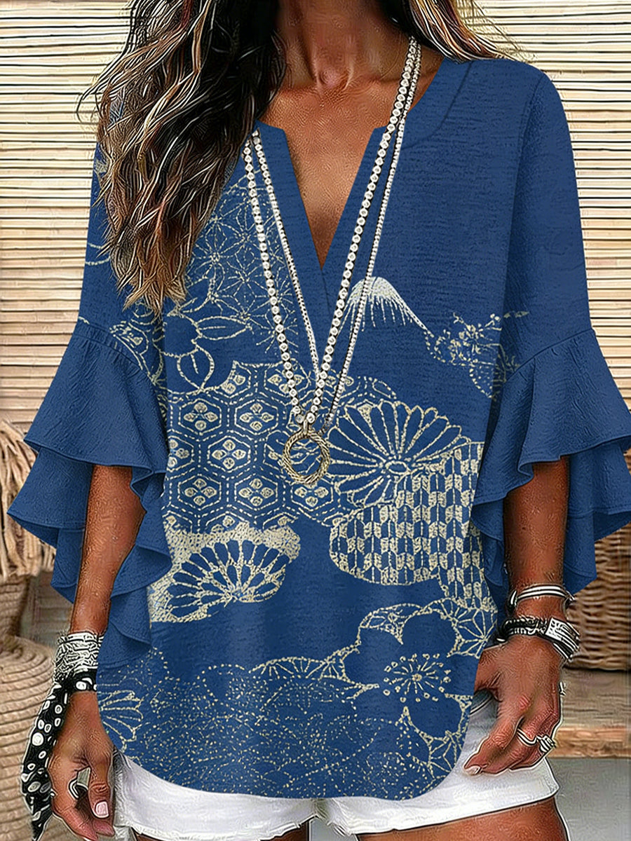 Women's Vintage Art Print V-Neck Casual Linen Blouse