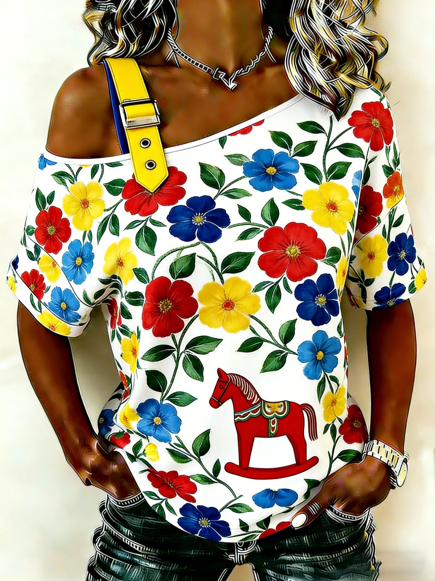 Women's Sleeveless Dala Horse Art Print T-shirt with Swedish Flag Colors