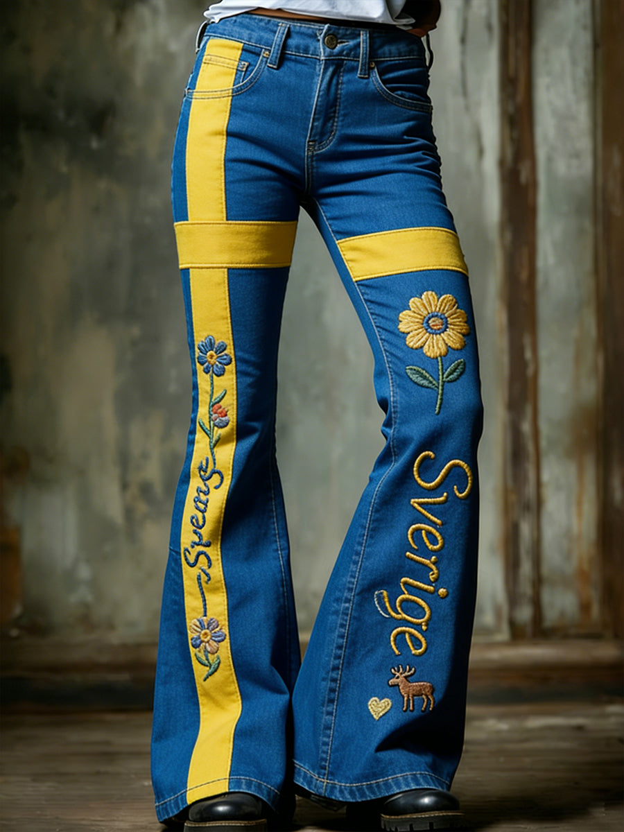 Women's casual printed flared trousers