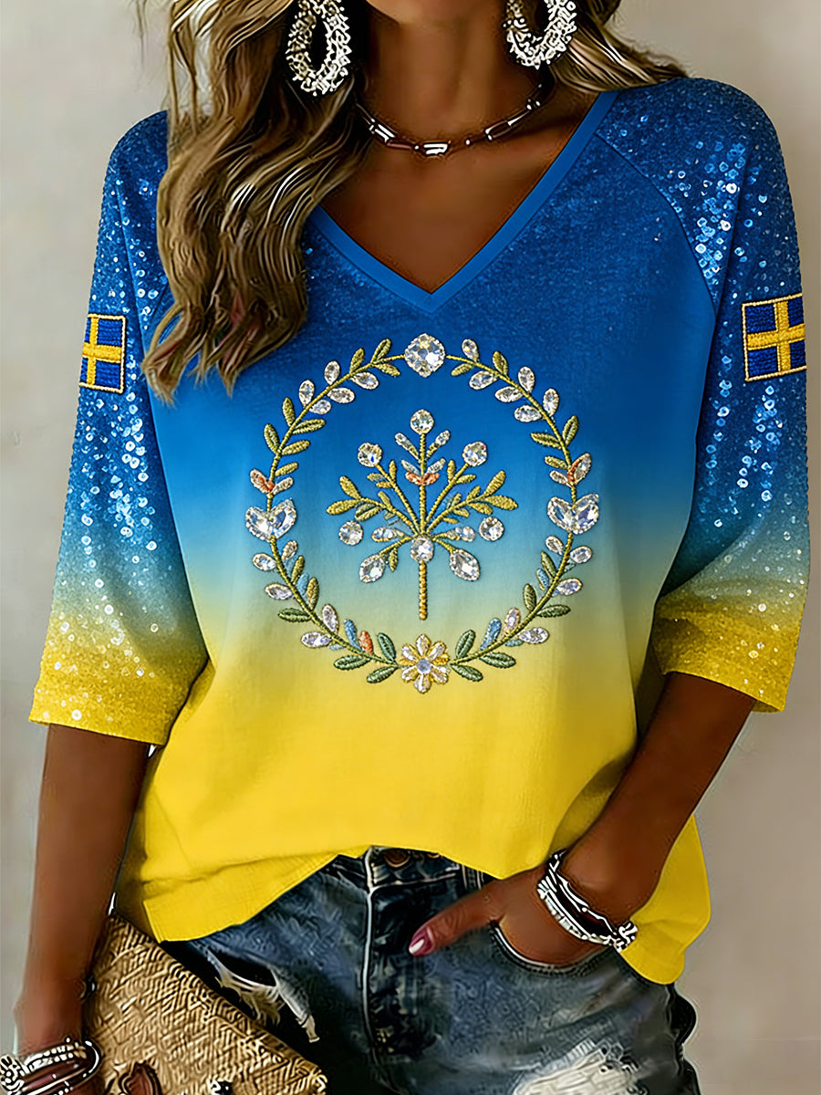 Women's Retro Swedish Midsummer Art Print Casual Top