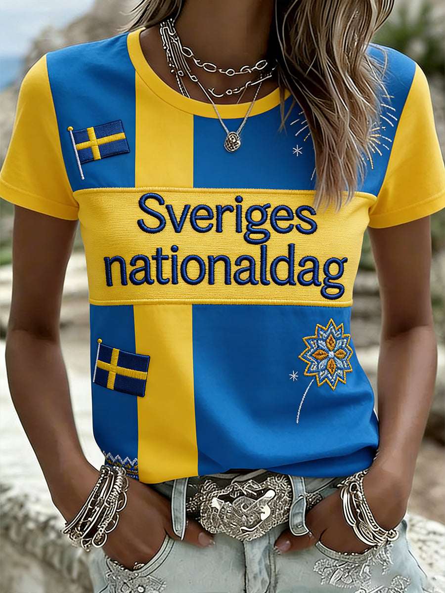Dams T-shirt i etnisk stil med färgblocktryck, avslappnad modell med rund halsringning