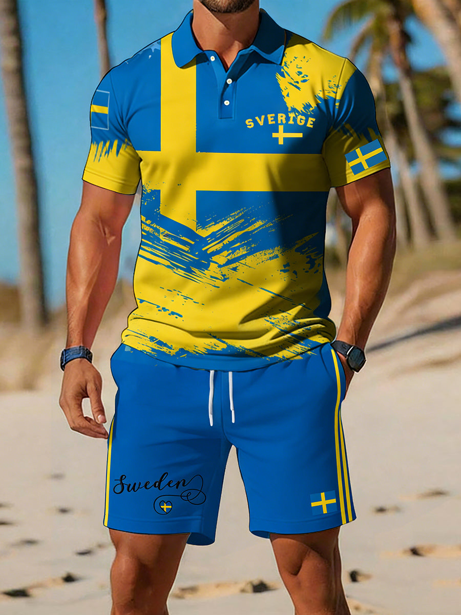 Retro svensk konsttryck avslappnat polo- och shortsset