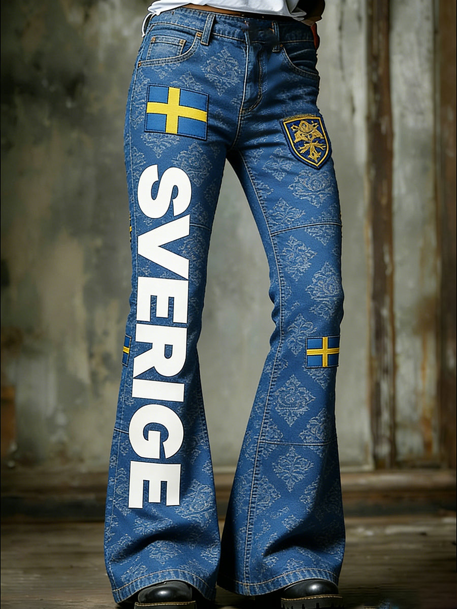 Retro Swedish Art Print Relaxed Fit Jeans