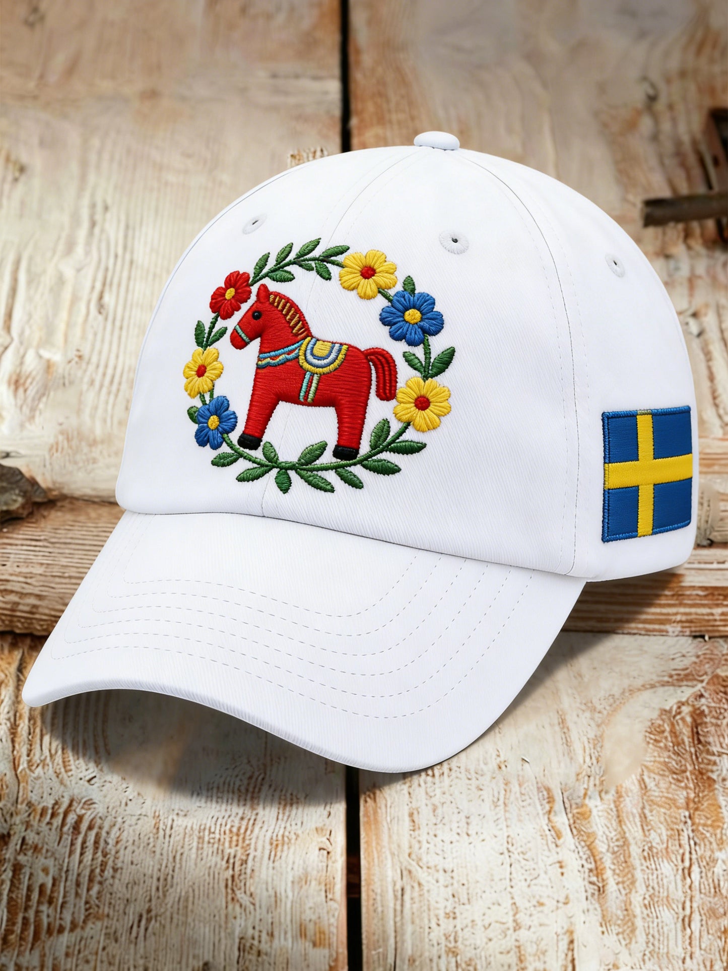 Unisex art print hat with Dala horse motif in Swedish